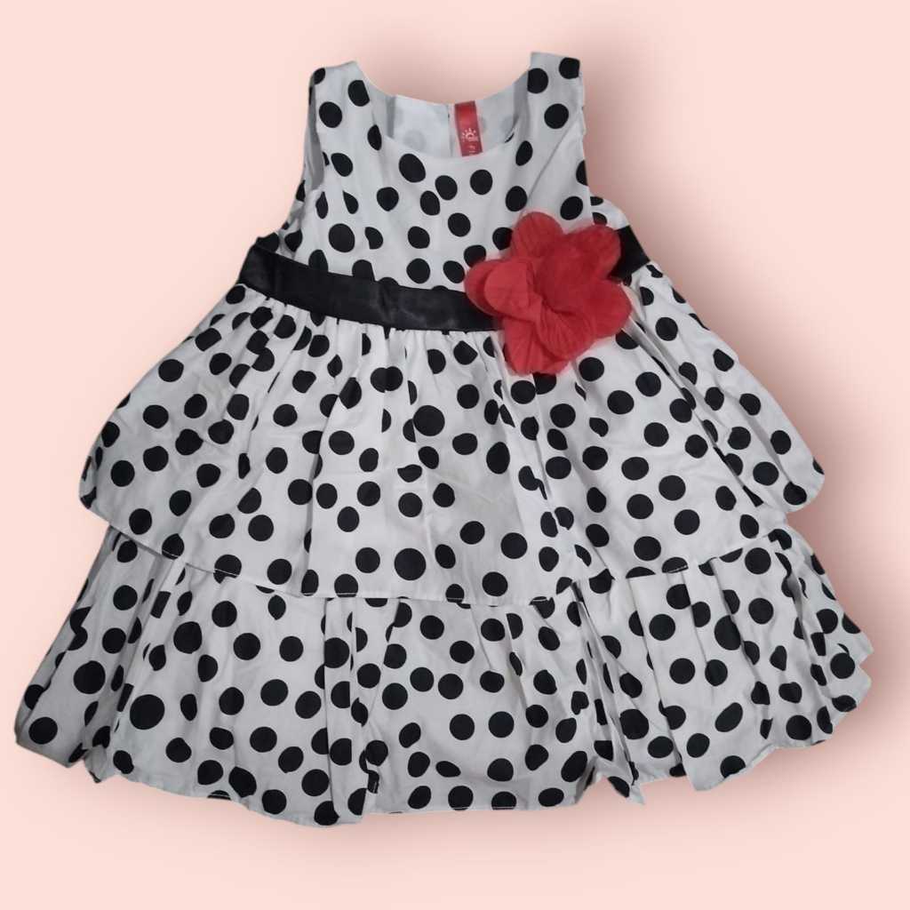 Dress Anak Perempuan Polkadot Hitam Putih dengan Pita Bunga