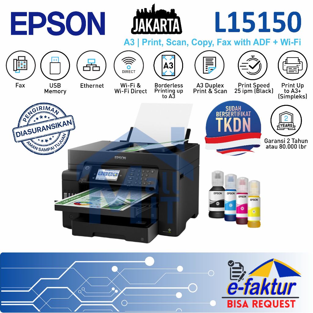 MALLIT EPSON Printer Epson L15150 L-15150 L 15150 A3 Duplex Pigment Print Scan Copy Resmi Jakarta