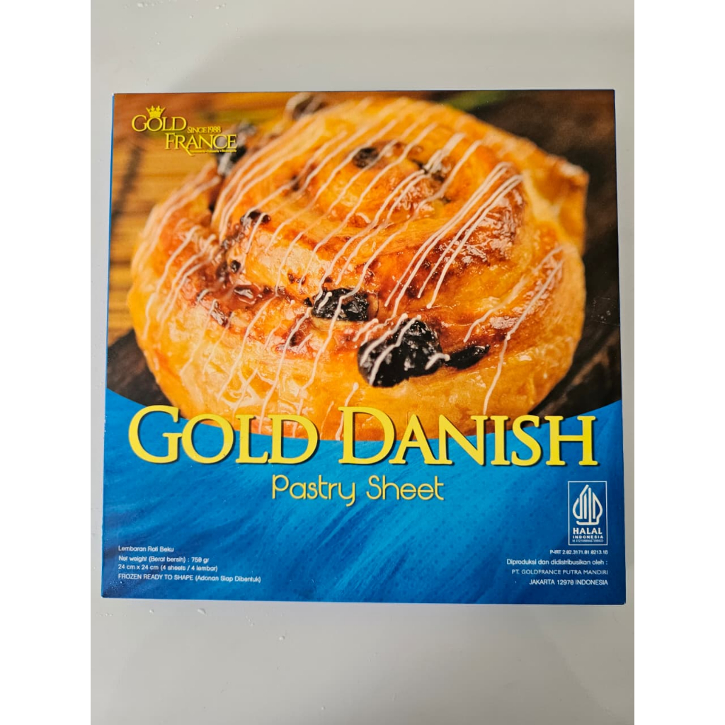 

Gold Danish Pastry Sheet – Frozen Premium 750gr (4 Sheets @24x24cm) | Adonan Siap Bentuk