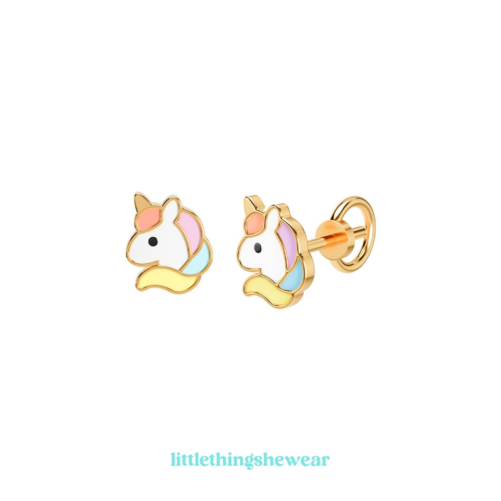 LITTLETHINGSHEWEAR Anting Emas Anak Twilight Unicorn Loop Screw - Emas 8 Karat untuk Anak