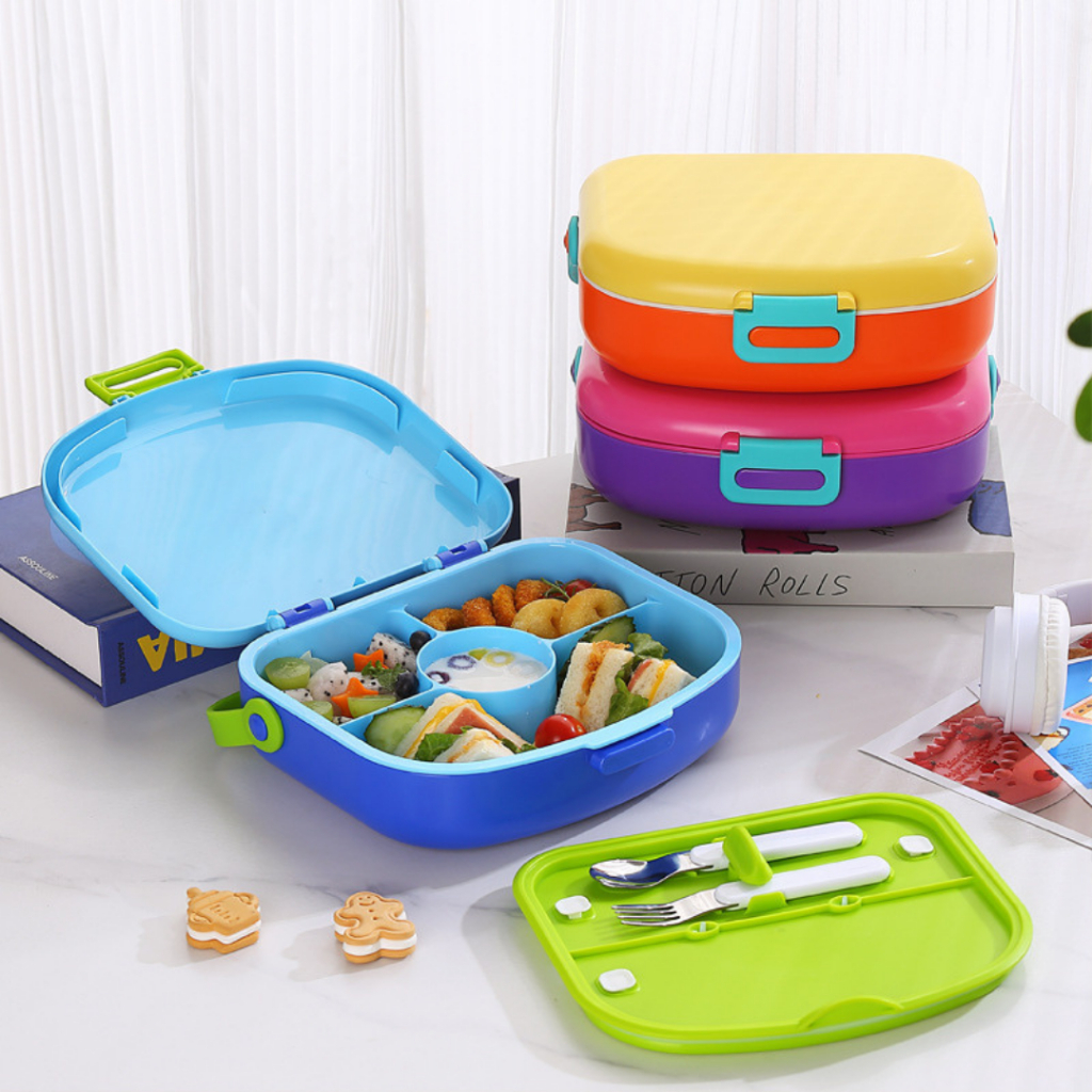 SASA BEBE | KOTAK MAKAN BEKAL 2 WARNA LUNCH BOX PREMIUM 4 SEKAT TEMPAT SAUS SET SENDOK GARPU TEMPAT 