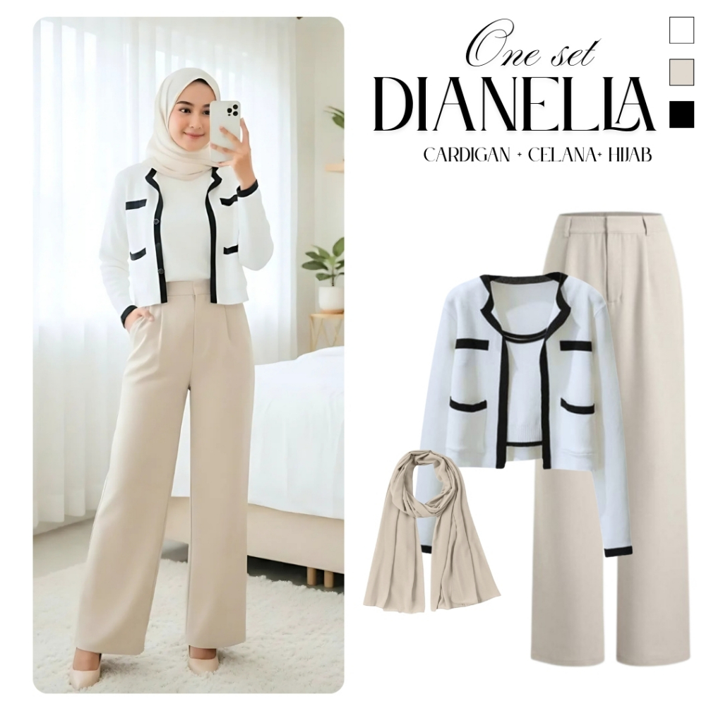 Outfit Kekinian Wanita ( Cardigan, Celana, Hijab ) Setelan One Set Dianella Baju Remaja Casual Ootd