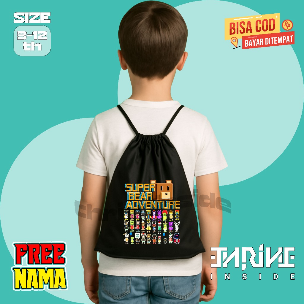 BISA COD FREE NAMA Tas Serut Anak Super Bear Adventure / Tas Ngaji Anak Karakter Super Bear Adventur