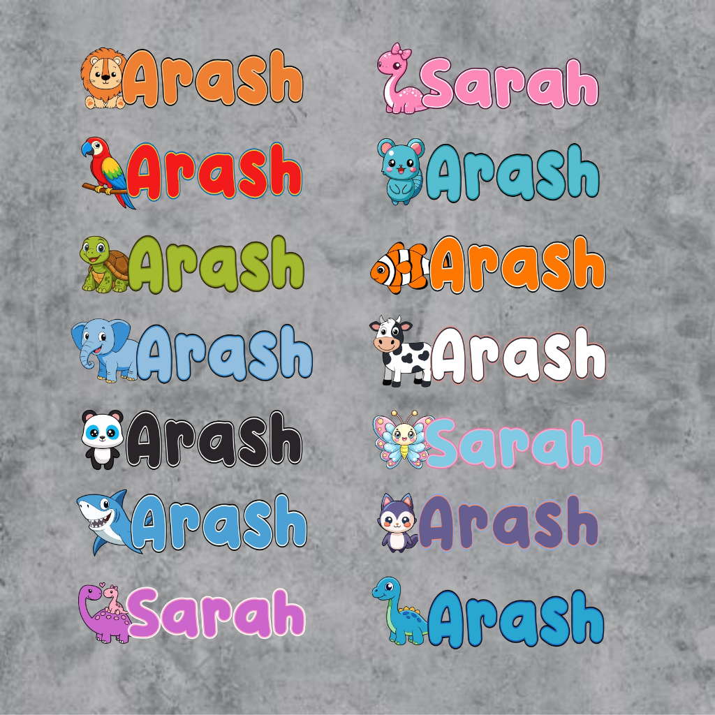 

Sablon Setrika Sabon DTF Request Nama Ukuran 14cm Tema Hewan