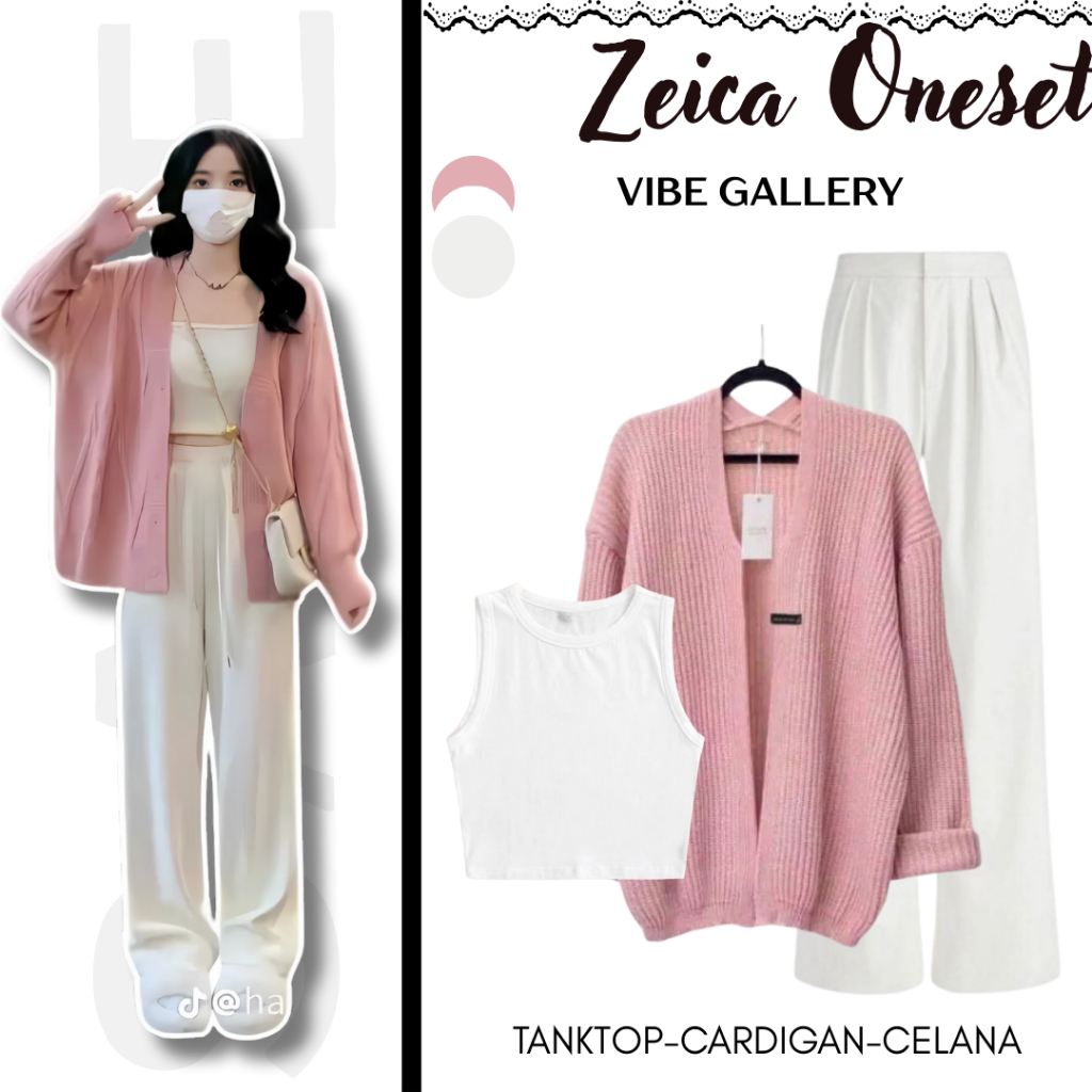 Zeica OneSet 3 in 1 (Tanktop Crop Putih - Cardigan Outer - Celana Jennie Knit) Cocok Buat Book Cafe 