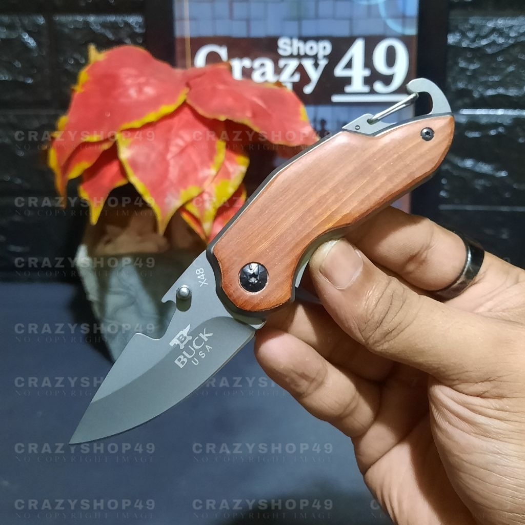 Pisau Survival Lipat Outdoor BUCK X48 Gagang Kayu Solid Steel Ergonomis