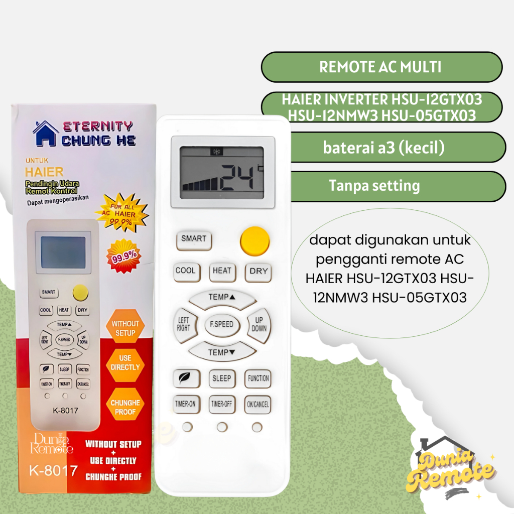 Remote AC HAIER AQUA LOW WATT K-8017 Multi Universal pengganti AC AQUA TURBO QUICK HAI1 tanpa settin