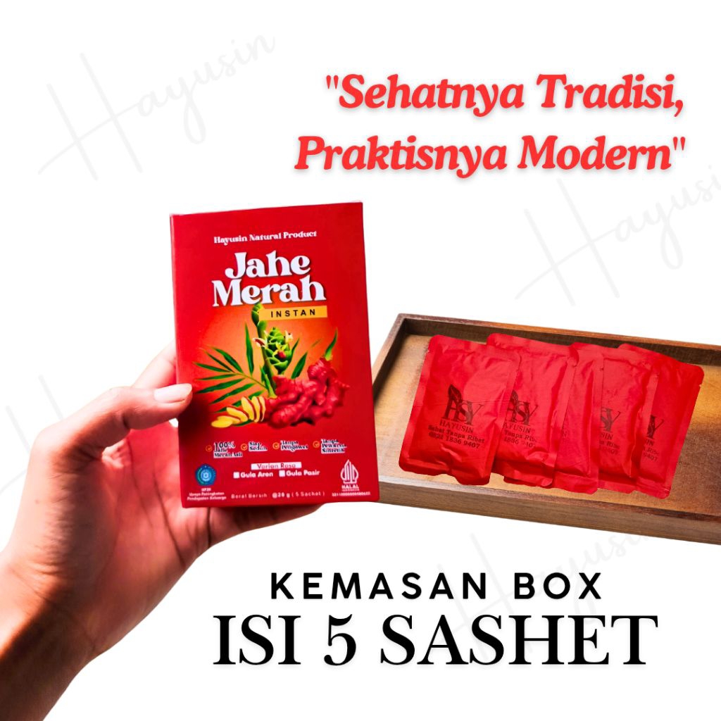

Hayusin Jahe Merah Box isi Lima Sashet Varian Gula Aren