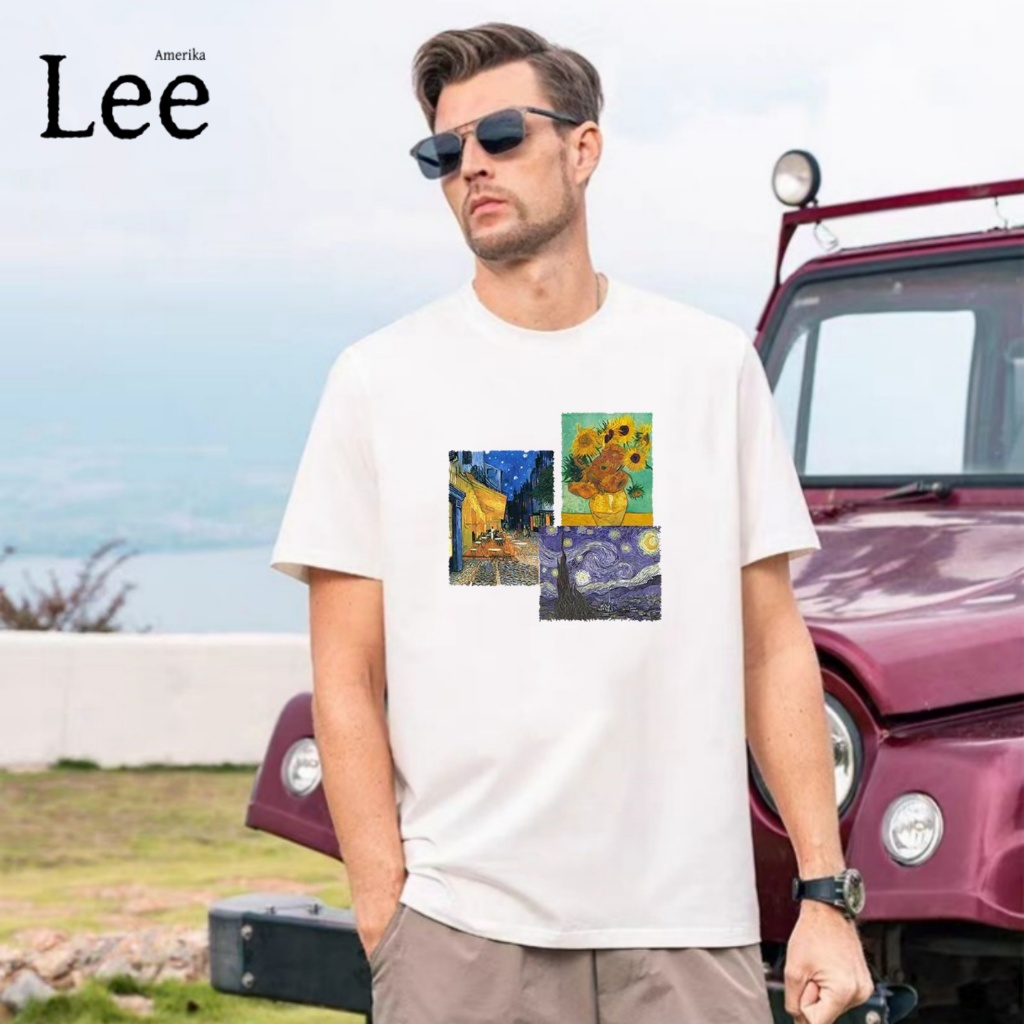 Kaos Pria Lee Katun Murni dengan Desain Bunga Matahari Van Gogh