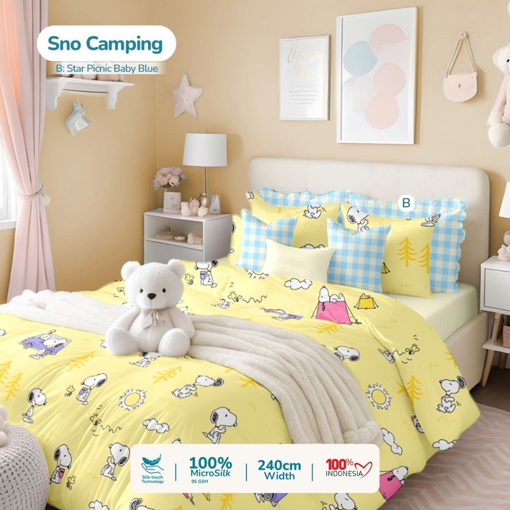 Sprei anak karakter snoopy camping free karet anti geser ukuran terlengkap tinggi 20 sampai 40 cm sp
