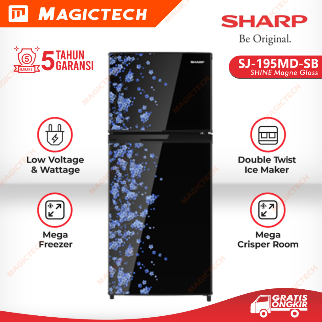 SHARP Kulkas 2 Pintu SJ-195MD-SB SHINE Magne Glass Mega Freezer Sakura Blue SJ-195 172 L