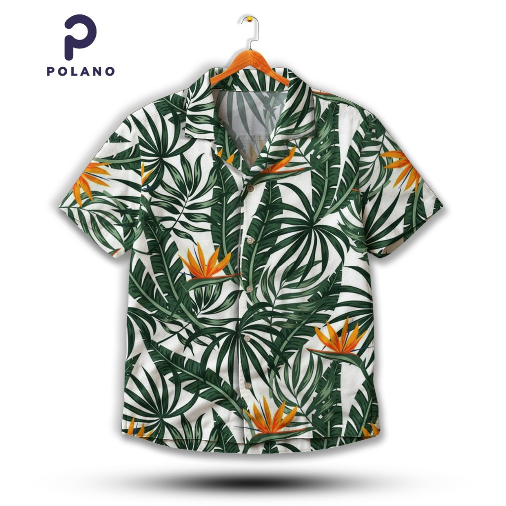 POLANO Kemeja Motif Daun Tropis Bunga Bird of Paradise Casual Unisex Aesthetic Printing Lengan Pende