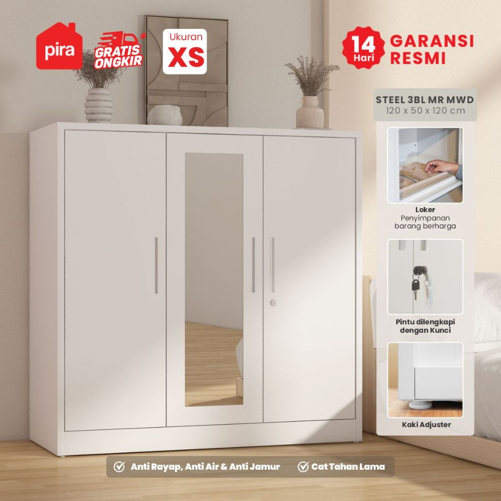 PIRA -  STEEL 3BL MR  MWD Lemari Pakaian Besi 3 Pintu / Lemari Kecil / Lemari Pakaian Anak