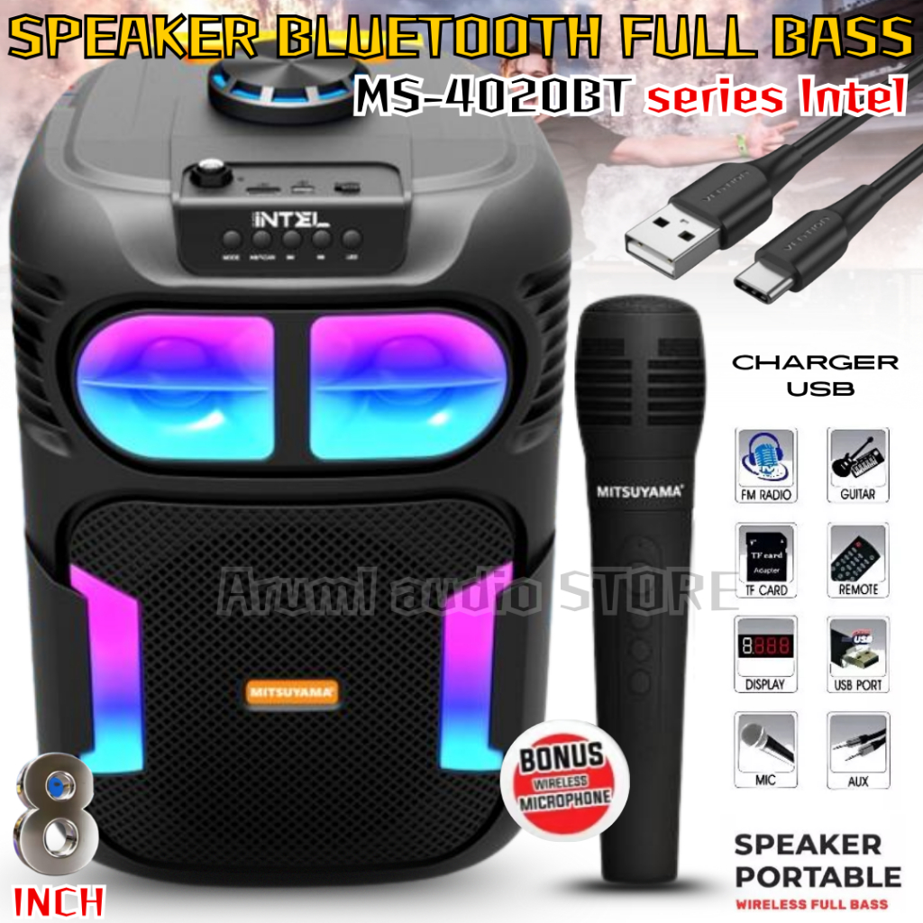 SPEAKER BLUETOOTH MS-4020BT series Intel LED 8 INCH FREE MIC WIRELESS KARAOKE + KABEL USB - SPEAKER 