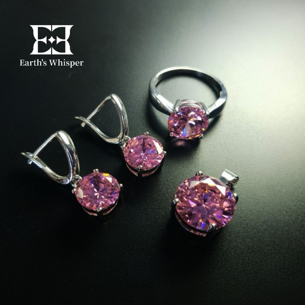 EWS12 Set Perhiasan Wanita Kristal Ungu – Cincin, Anting & Liontin Mewah Elegan