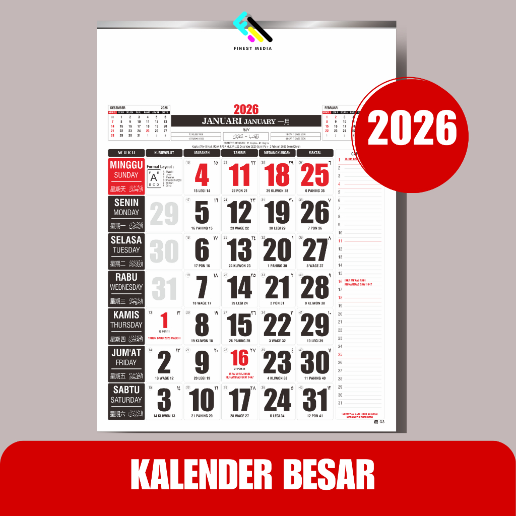 

GROSIR KALENDER 2026 UKURAN BESAR- 38 x 58 CM - 12 LEMBAR TERLARIS