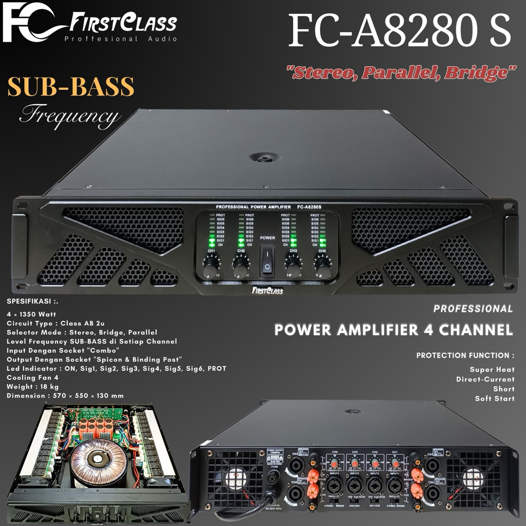POWER AMPLIFIER FIRSTCLASS FCA8280S FC A8280S 4 CHANNEL PLUS CROSSOVER ORIGINAL