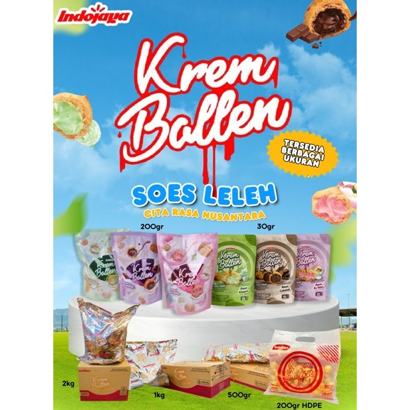 

SOES MINI KREMBALLEN - Kue Sus / Soes Kering Isi Krim Cokelat, Es Teler, Klepon 30gr, 200gr, 500gr ,1kg dan 2kg - Indojaya Soes, Merk Krem Ballen