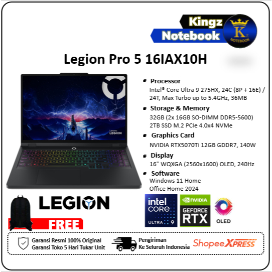 Lenovo Legion Pro 5i RTX5070Ti Core Ultra 9 275HX 32GB 2TB Win11+Office 2024 16" WQXGA 240Hz