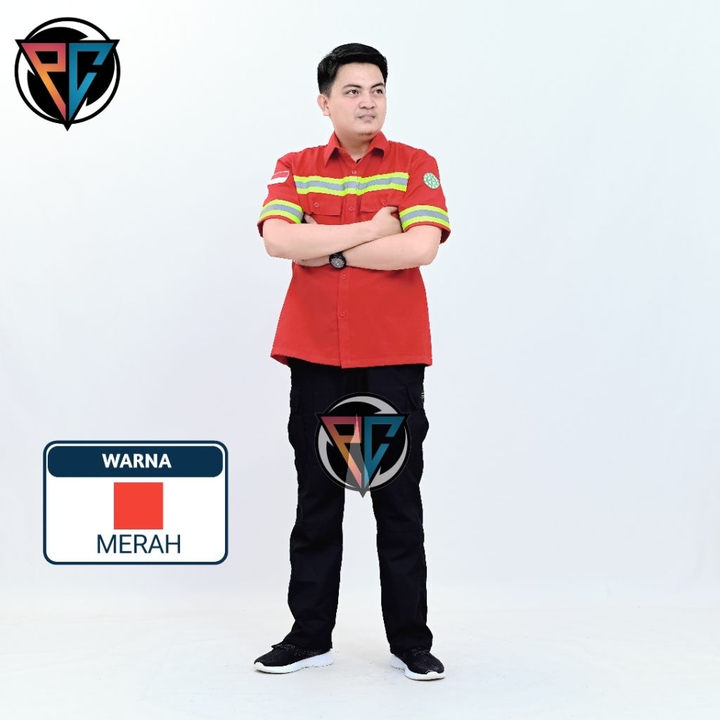 PC- Kemeja safety warna merah lengan pendek baju safety lengan pendek wearpack safety lengan pendek