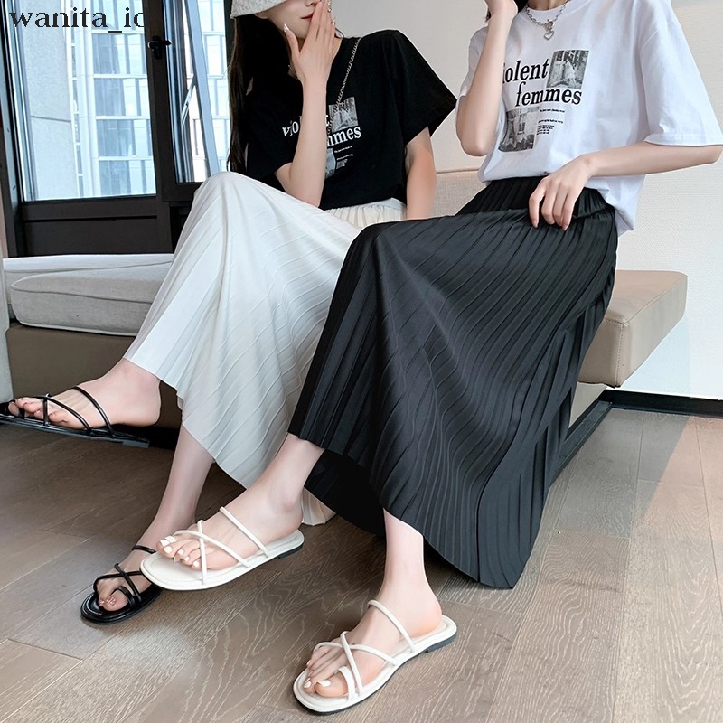 【wanita_id】Rok Putih Rok Plisket Rok  Midi Pinggang Elastis Rok Tipis