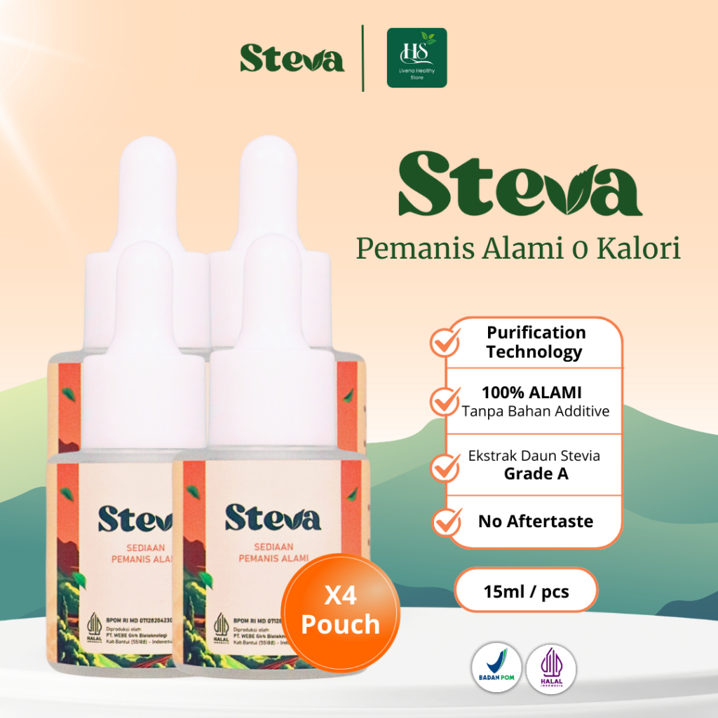 

STEVA Gula Stevia Asli 0 Kalori BPOM & Halal MUI - 15 mL Isi 4 Pcs