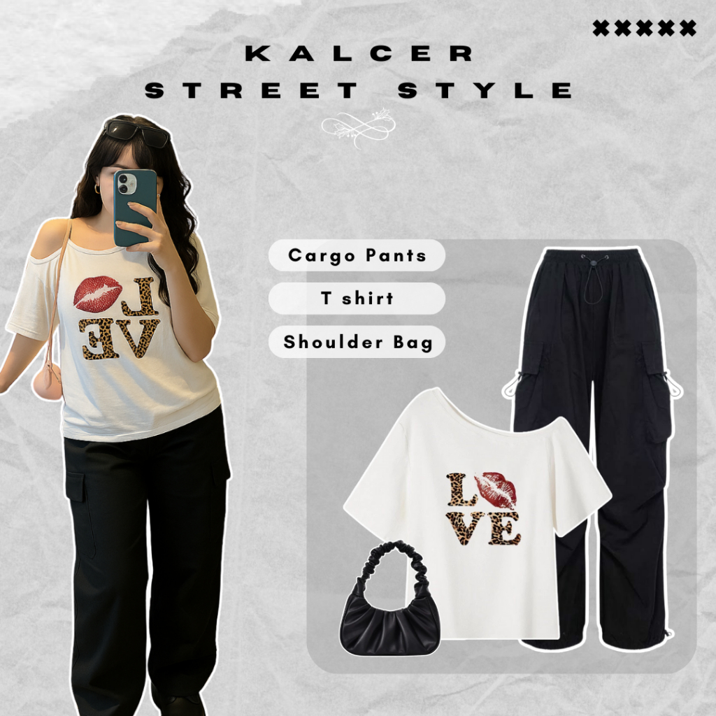 Setelan Wanita Kekinian || Rekomendasi Outfit Kalcer - T Shirt Skena + Celana Cargo Hitam + Shoulder