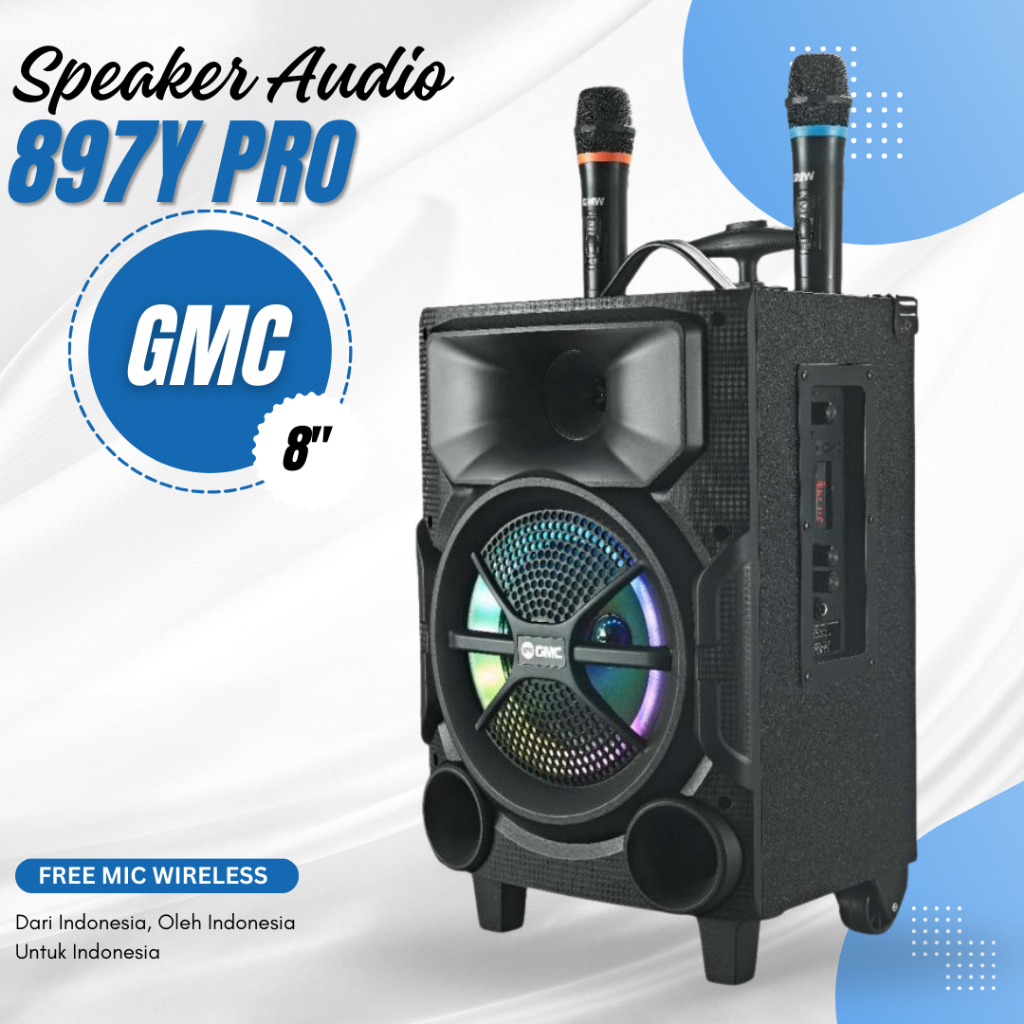 Speaker Aktif GMC 897Y Pro | Speaker Portable 8 Inch + 2 Mic Wireless Speaker Portable Karaoke