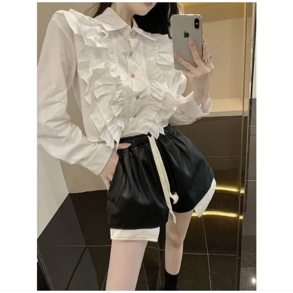 Kemeja Basic Putih Polos Wanita Crop Top Korean Shirt Size S-M-L-XL Atasan Kemeja Lengan Panjang Gay