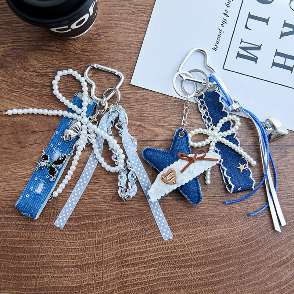 (Craftlagi) Bag Charm Chain Denim Navy Y2K Miu Miu Ganci Hits Gantungan Kunci Tas Gaul Hitam Silver