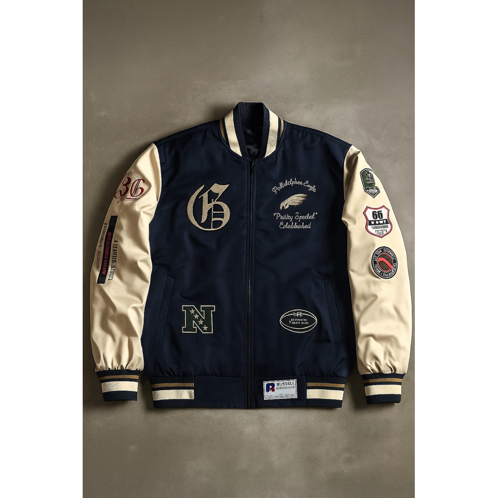 Varsity Pria Wanita Jaket Varsity Bahan Parasut Full Bordir Waterproof Elegant Premium