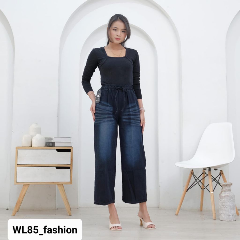 CELANA KULOT JEANS WANITA HITAM SCENA WISKER PINGGANG FULL KARET clana culot lepis cewek dewasa