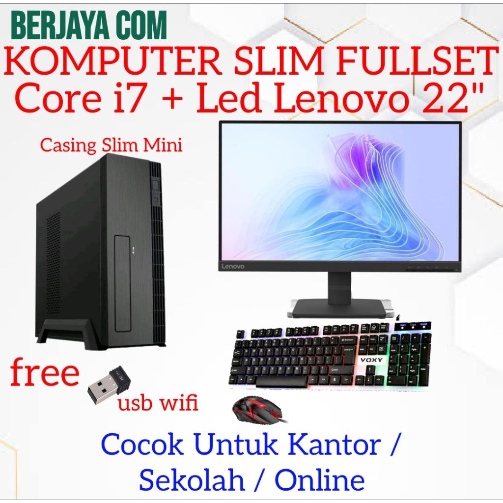 Full Set Slim Case Core i7 - Lenovo 22" - 16gb Ram - 500gb Ssd - Pc Rakitan Mini Kantor - Cpu Sekola