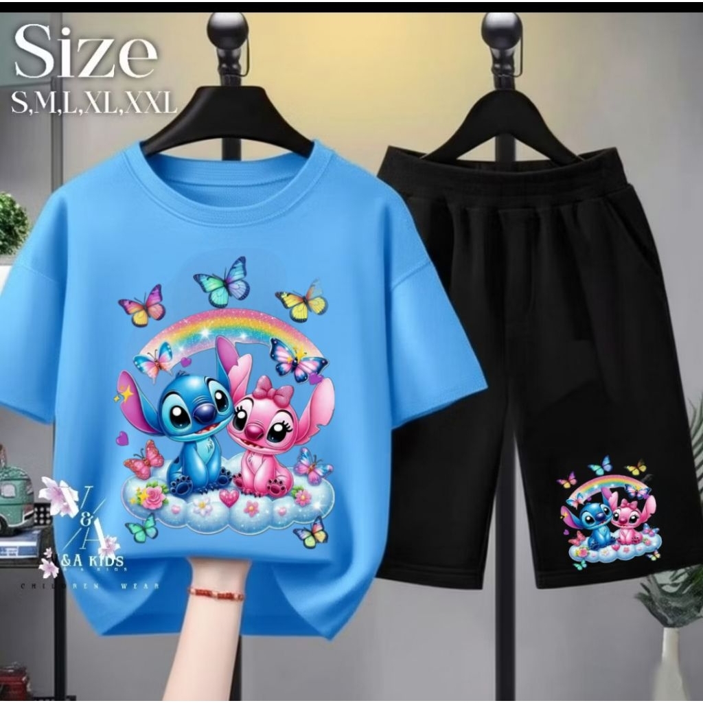 Setelan Anak Motif STITCH / Setcel Kaos Lakilaki Dan Perempuan / Kaos Anak Umur 1-11 Tahun