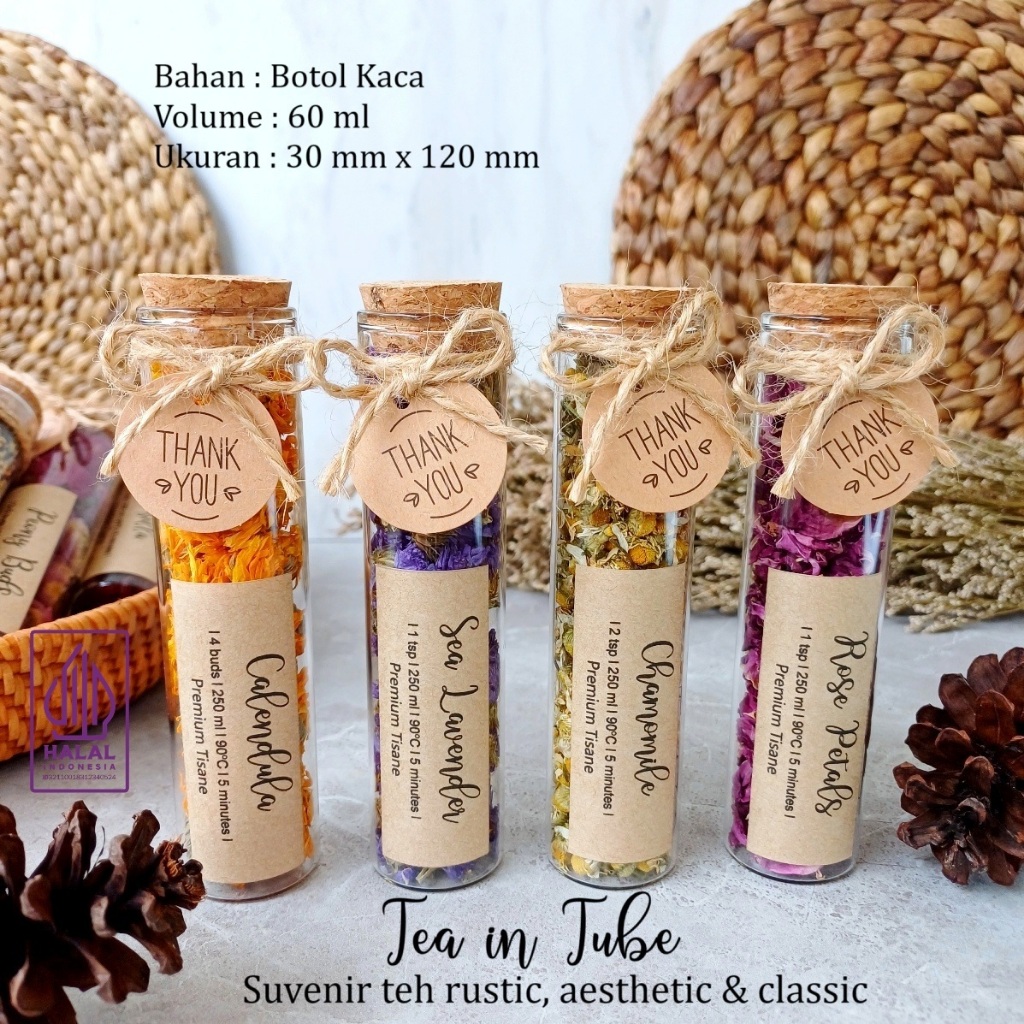 

Tea in Tube Big Size/ Teh kemasan tube kaca besar (Souvenir teh,tisane,chamomile,lavender dll) Wedding, Hari Raya, Birthday, Aqiqah, dsb.