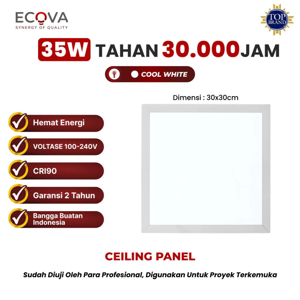 ECOVA Lampu LED Ceiling Panel Downlight Kotak 30X30cm 35 Watt Putih 6500K