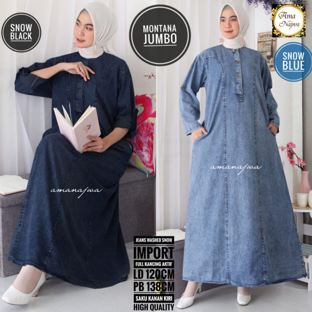 MONTANA JUMBO GAMIS JEANS LD 120 130 140 DRESS MUSLIMAH TERBARU KOREAN STYLE KEKINIAN POLOS CASUAL