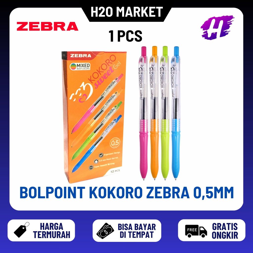 [H2O] Pulpen Gel Kokoro Zebra Kokoro Color 0,5mm Pulpen Gel Warna Hitam ( 1 pc )