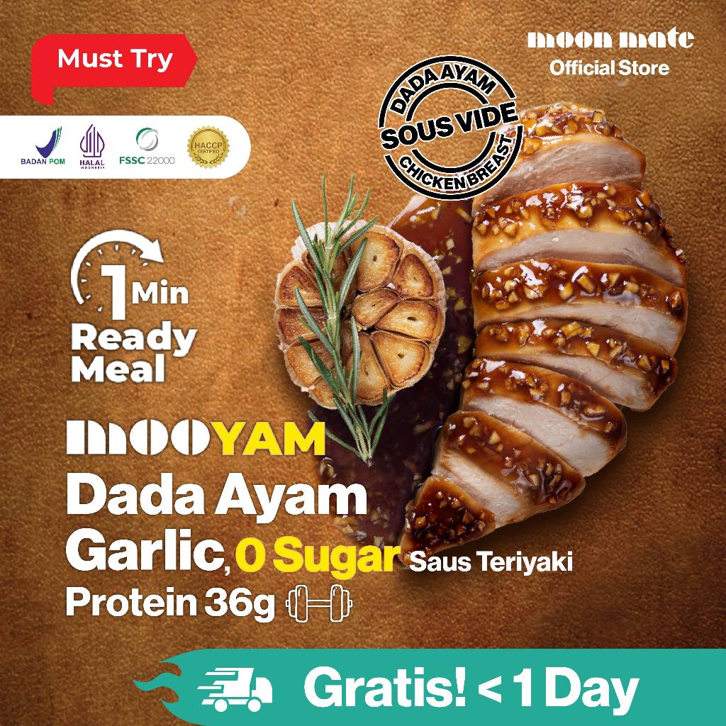 

Moonmate MOOYAM Dada Ayam Garlic- 0 Sugar Teriyaki, High Protein, low Garam, Ready to eat, Halal