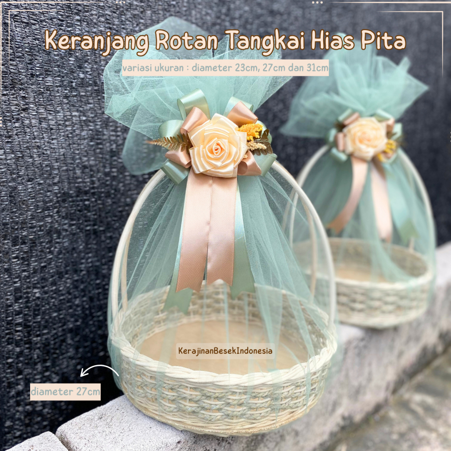 KERANJANG ROTAN BULAT TANGKAI KAIN TILE BONUS PITA box hantaran seserahan murah unik buah hampers