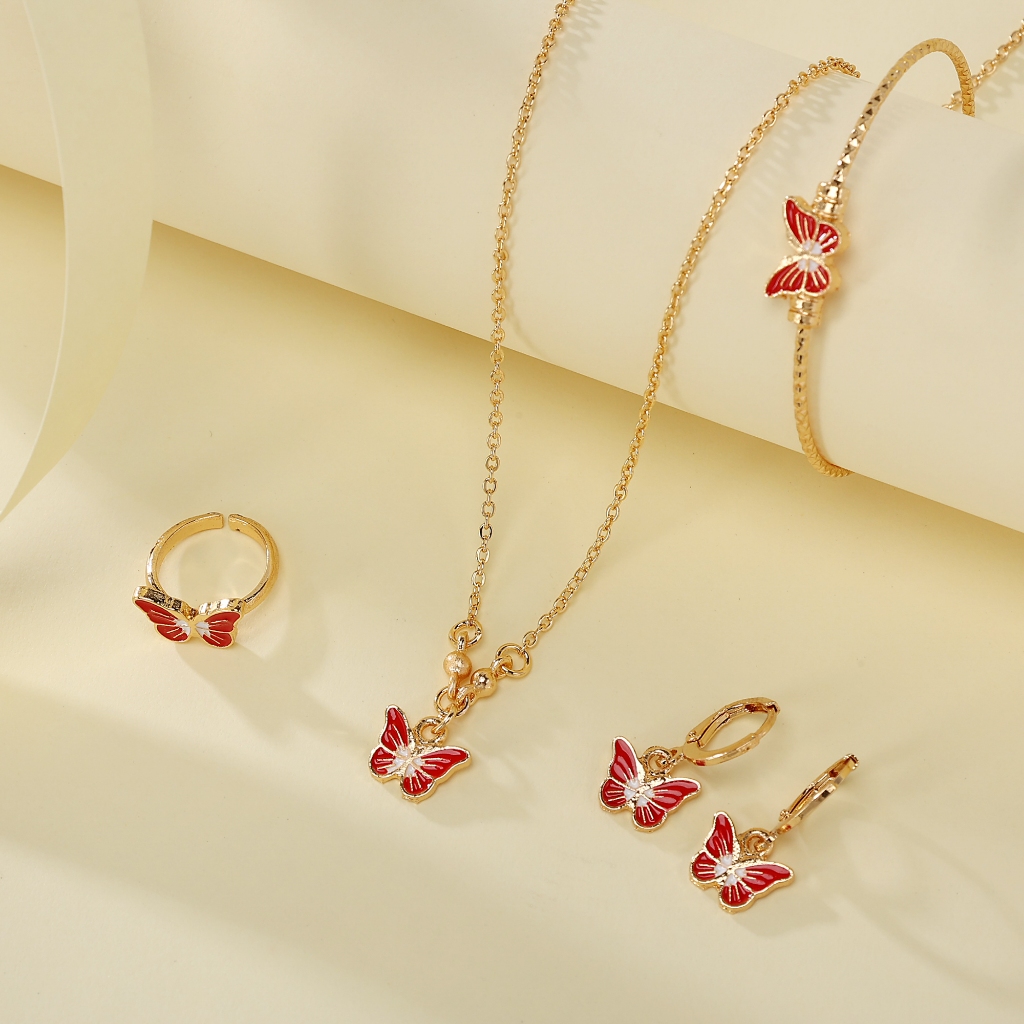 Set Perhiasan Anak Warna Emas dan Perak Model Kalung Cincin Gelang Anting Desain Modern untuk Hadiah