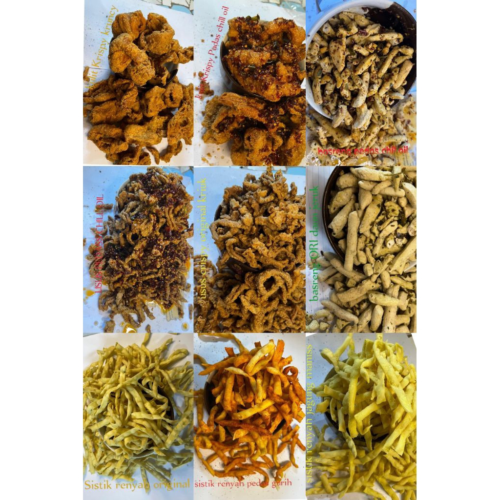 

new Aneka food, Snack, Cemilan. USUS ayam crispy, kulit Ayam crispy, sistik gurih renyah, basreng gurih renyah, rasa original, pedas Chili oil kemasan kg