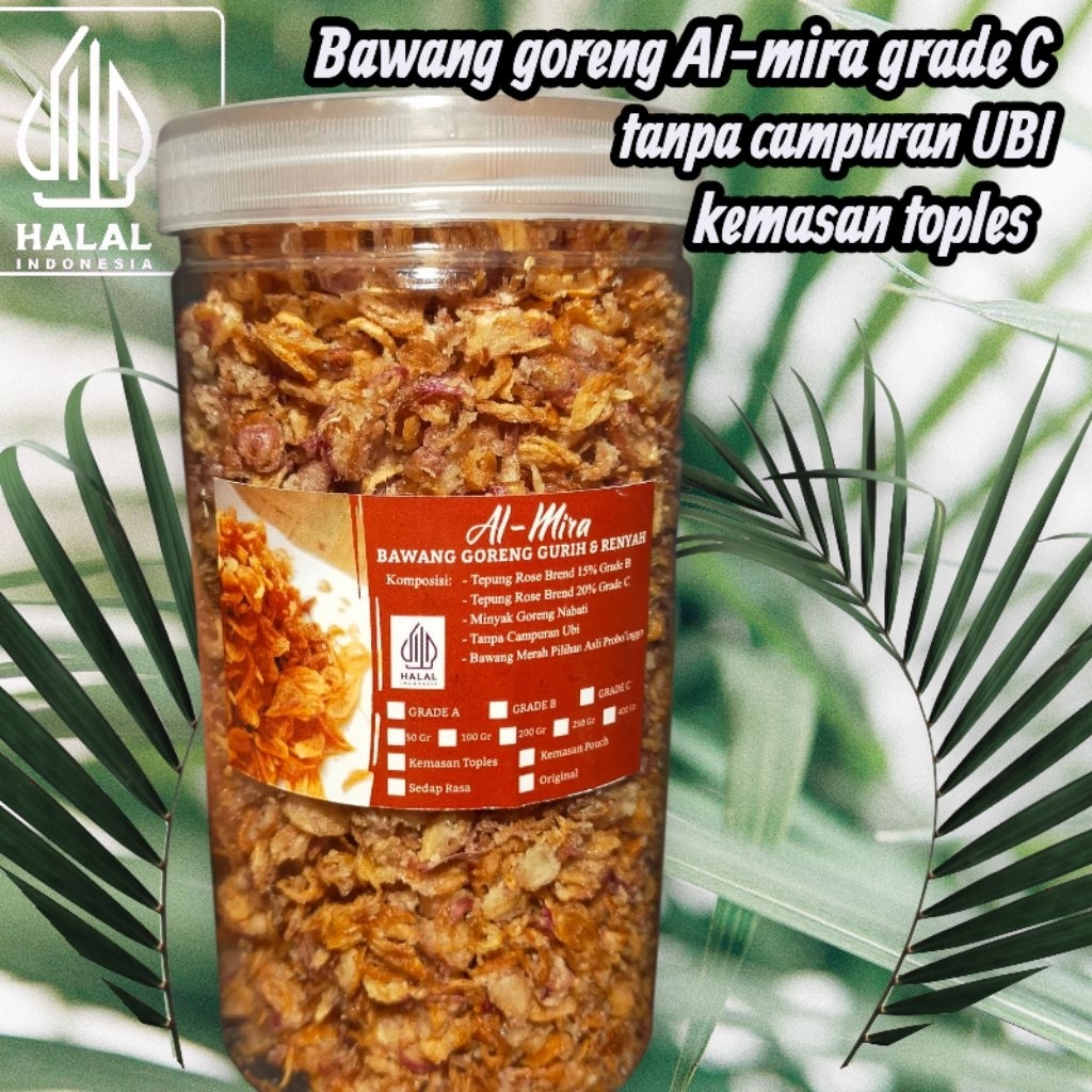 

Bawang goreng murah GRADE C varian toples kemasan 200gr 250gr 300gr dari probolinggo isi sesuai foto tampa campuran UBI