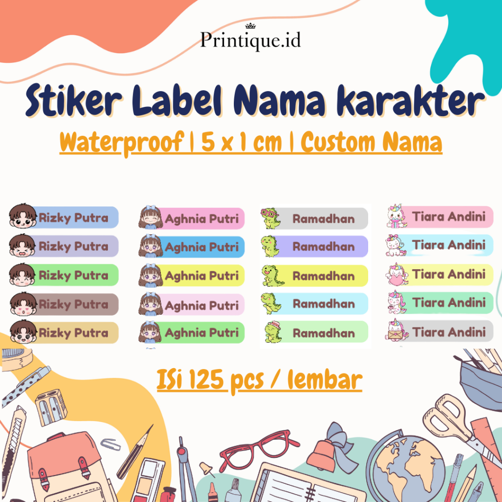 

Stiker Nama Anak Custom Murah|125/250/500 pcs|Anti Air Full Color|Stiker Nama Anak
