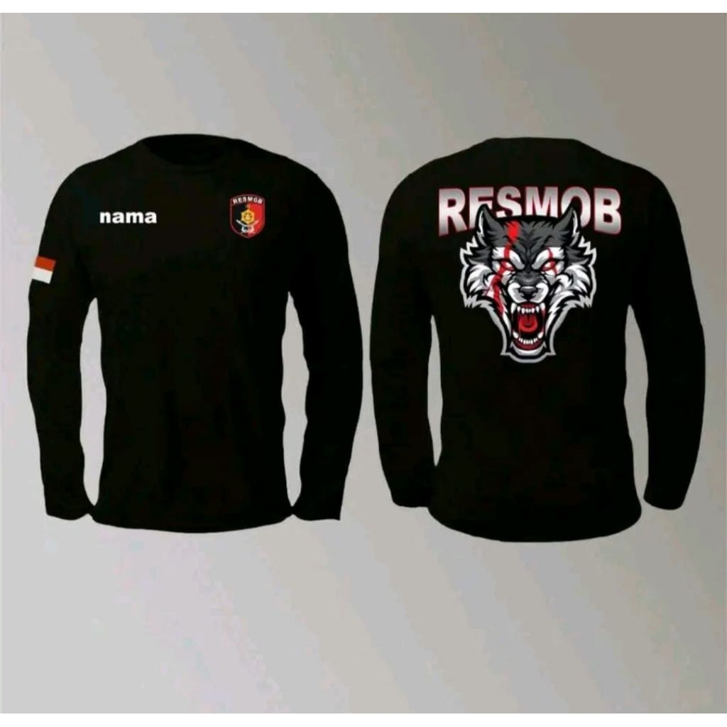 Kaos Lengan Panjang Resmob Desain Srigala Abu Merah Free Nama