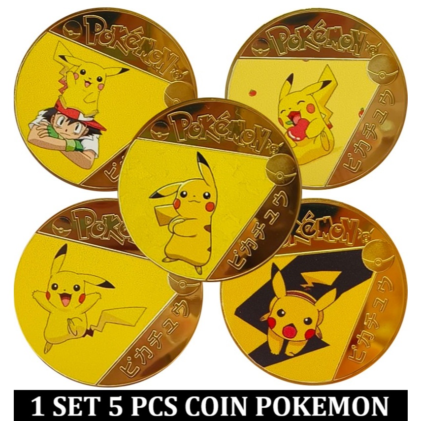 1 SET 5 PCS Coin Koin emas Gold Plated Pikachu Pokemon diameter 4 cm tebal 1,5mm original import LIM