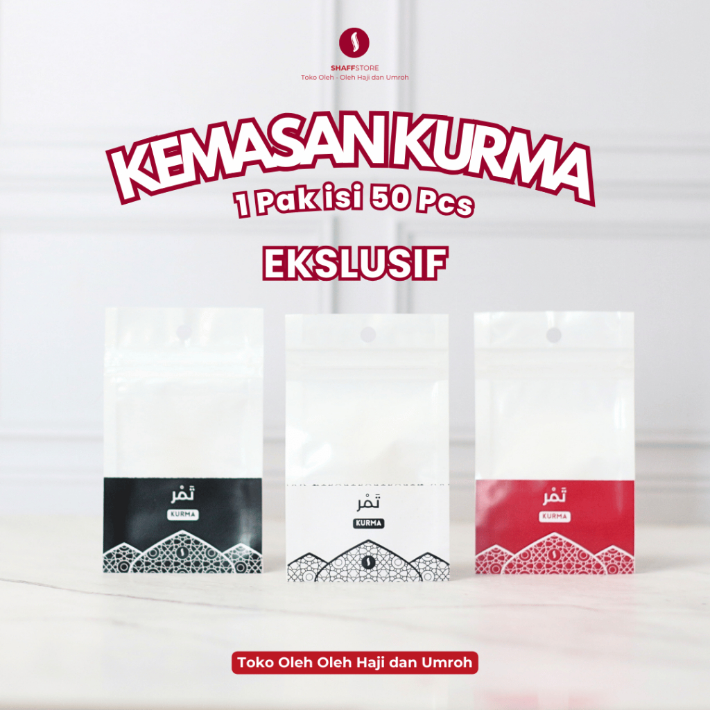 

Kemasan Kurma Ekslusif Oleh oleh Umroh Kemasan Tanpa isi hanya Plastik 1 Pak Isi 50 Pcs