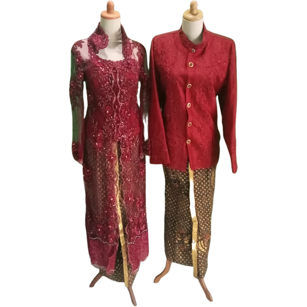 Couple Set Sepasang Baju Pengantin Kebaya Beskap Warna Merah Preloved