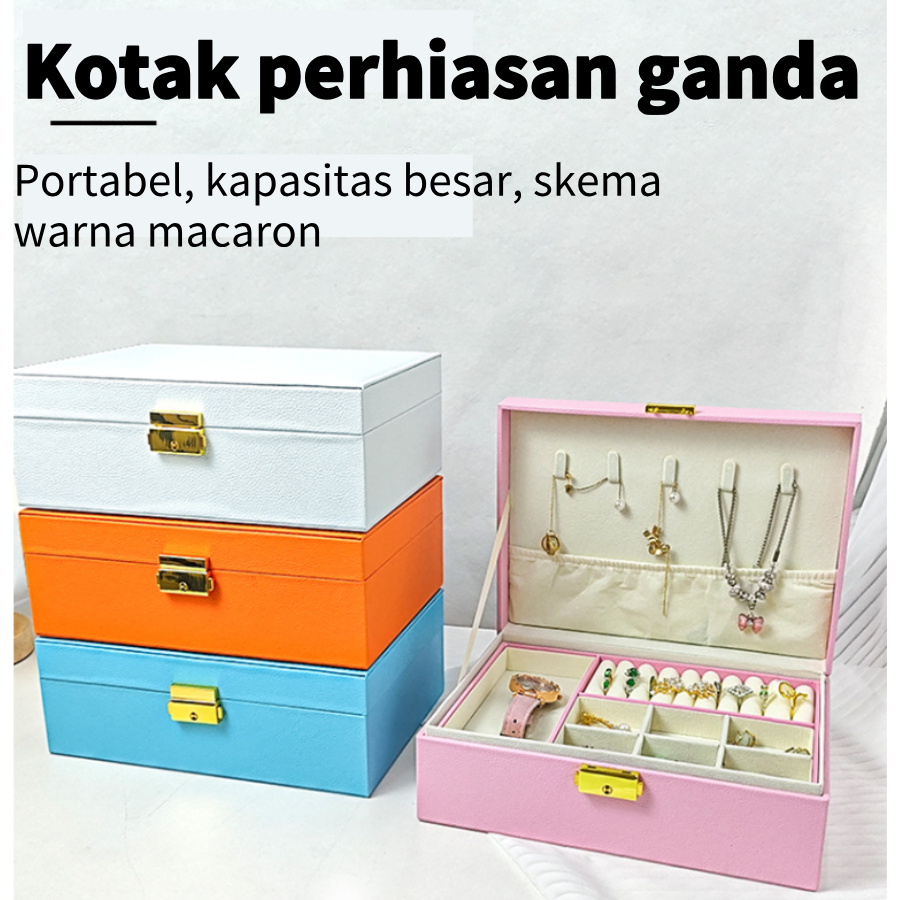Penyelenggara Perhiasan Kulit Lapis Ganda Anting-anting Kotak Perhiasan Kapasitas Besar Kalung Kotak