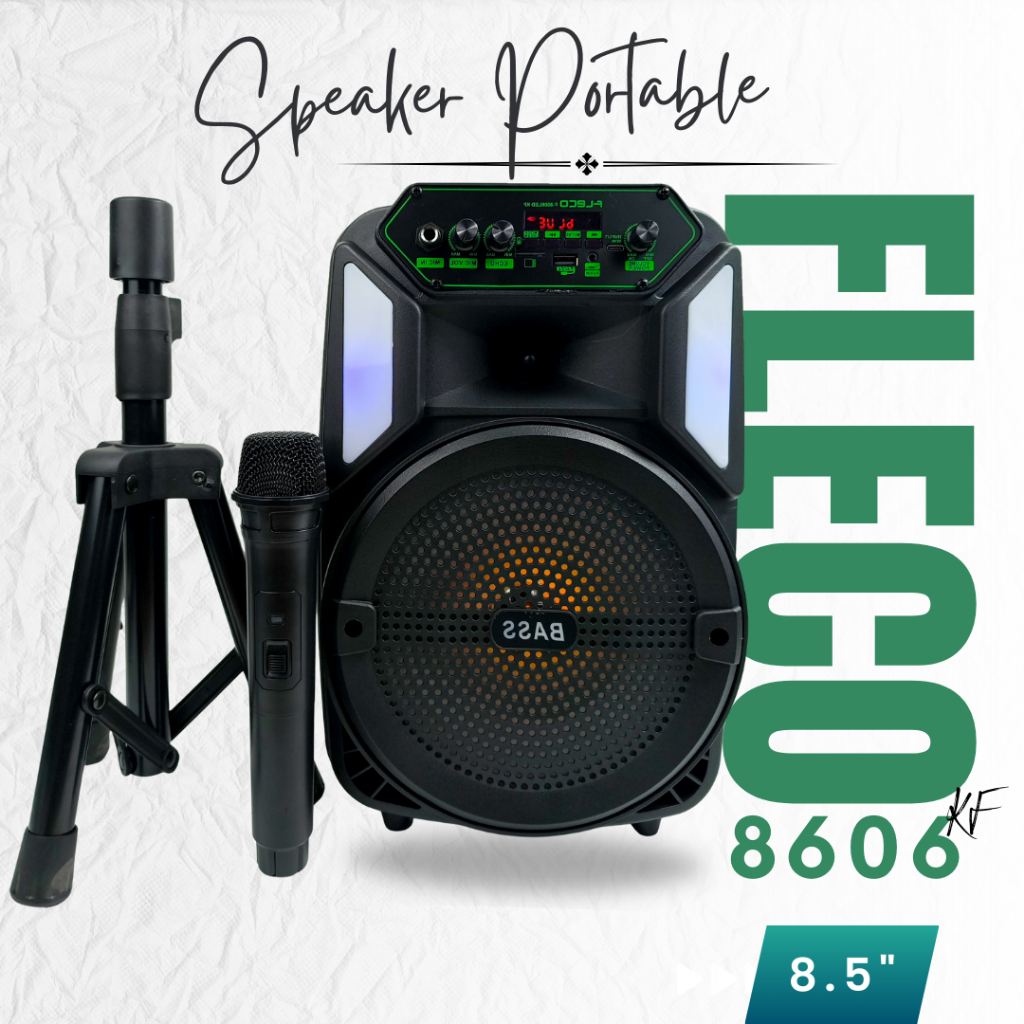 Speaker Bluetooth Portabel FLECO F-8606 LED KF 8.5 Inch dengan Karaoke Wireless dan Mikrofon INclude